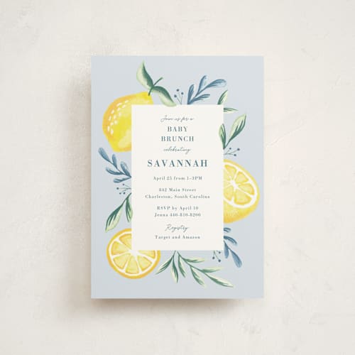 This is a pale blue baby shower postcards with standard by Megan Cash called lemons printing on signature in postcard