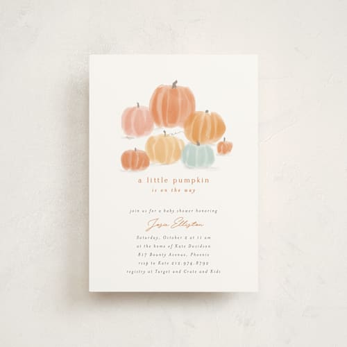 This is a pumpkin baby shower postcards with standard by Rebecca Durflinger called autumn pumpkins printing on signature in postcard
