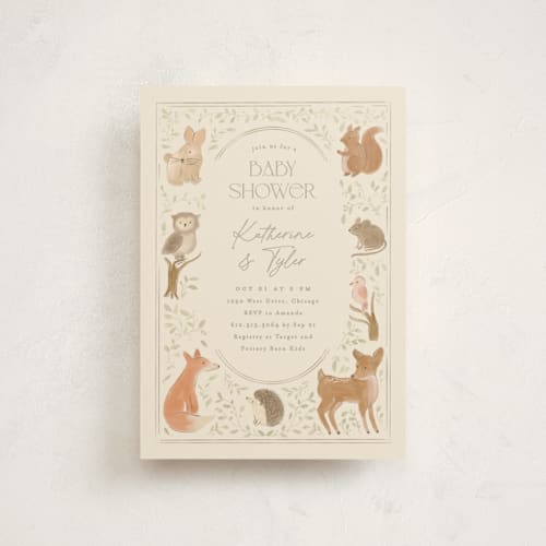 This is a ecru baby shower postcards with standard by Creo Study called woodland storybook printing on signature in postcard