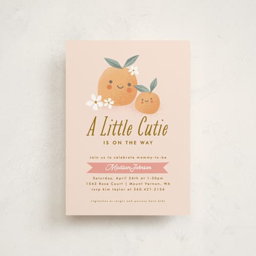 This is a peach baby shower postcards with standard by Karidy Walker called little cutie oranges printing on signature in postcard