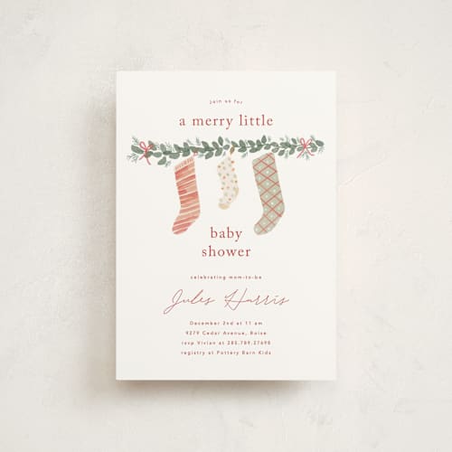 This is a cranberry baby shower postcards with standard by Rebecca Durflinger called merry little stockings printing on signature in postcard