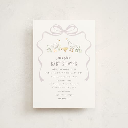 This is a lilac baby shower postcards with standard by Everett Paper Goods called storybook geese printing on signature in postcard