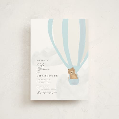 This is a blue berry baby shower postcards with standard by Teju Reval called hot air balloon bear printing on signature in postcard