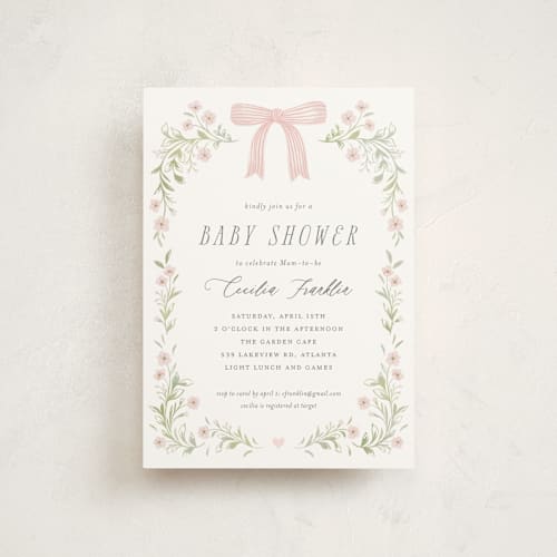 This is a blush baby shower postcards with standard by Paper Raven Co. called dainty garden printing on signature in postcard