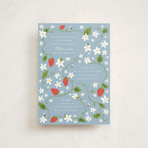 This is a blueberry baby shower postcards with standard by Hudson meet Rose called berry sweet printing on signature in postcard