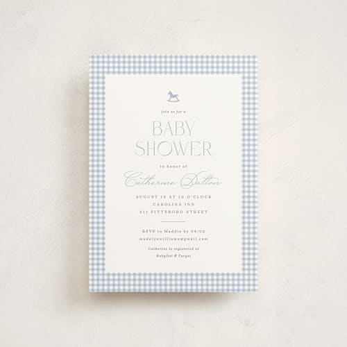 This is a baby blue baby shower postcards with standard by Olivia Raufman called gingham rockinghorse printing on signature in postcard