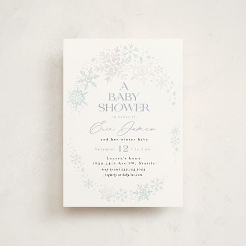 This is a bluebell baby shower postcards with standard by Alethea and Ruth called winter baby snowflakes printing on signature in postcard