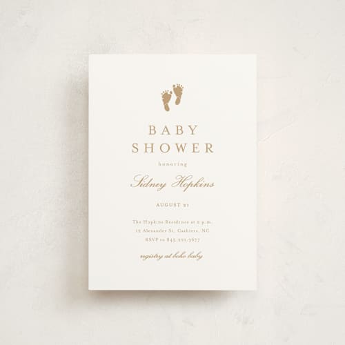 This is a golden baby shower postcards with standard by Stacey Meacham called footprint printing on signature in postcard