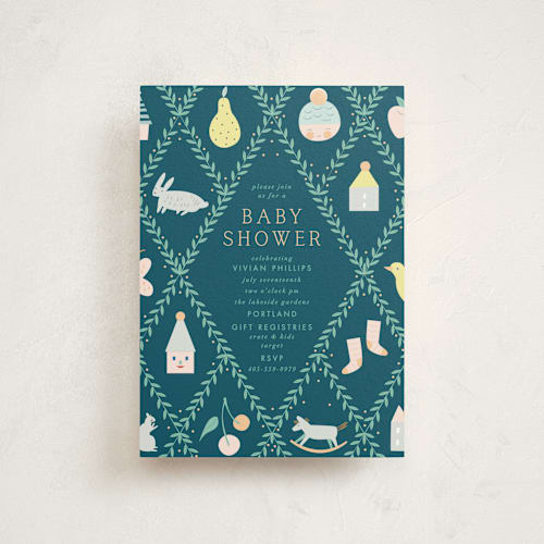 This is a hunter baby shower postcards with standard by Eve Schultz called trellis printing on signature in postcard