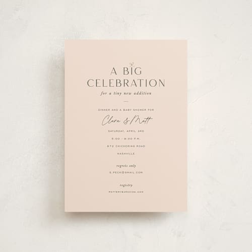 This is a blush baby shower postcards with standard by Sara Hicks Malone called big celebration, tiny addition printing on signature in postcard