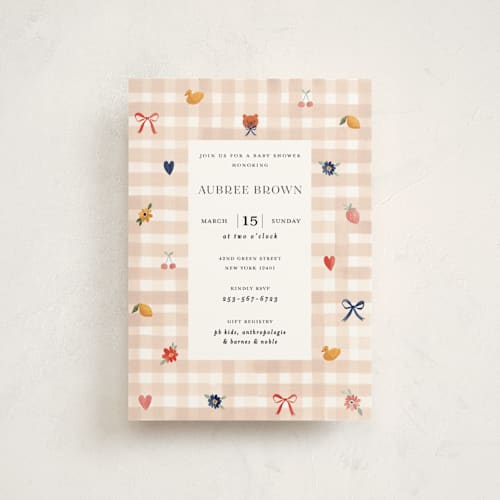 This is a shortbread baby shower postcards with standard by Sarah Knight called gingham printing on signature in postcard