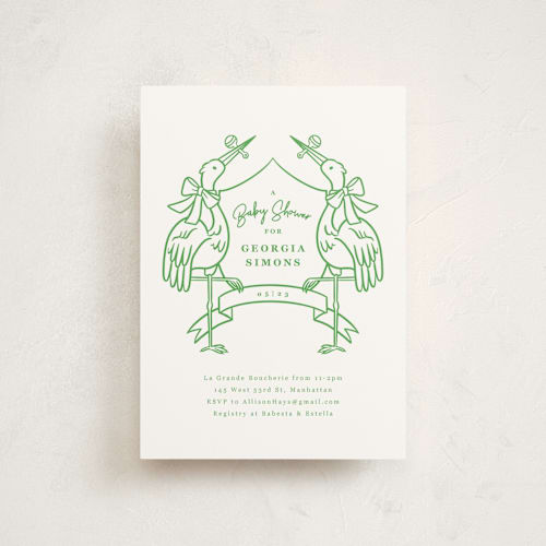 This is a lawn baby shower postcards with standard by mo kelley called stork crest printing on signature in postcard