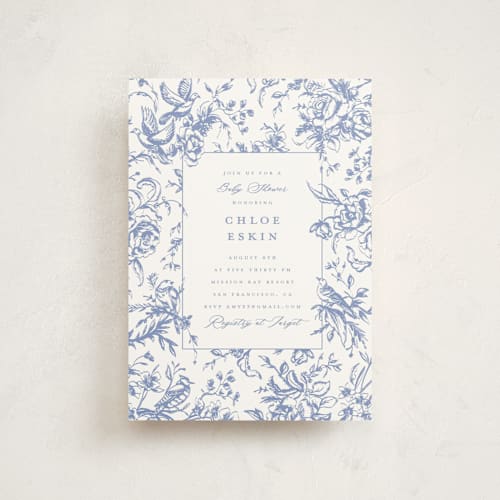 This is a blueberry baby shower postcards with standard by Teju Reval called dreamy toile printing on signature in postcard