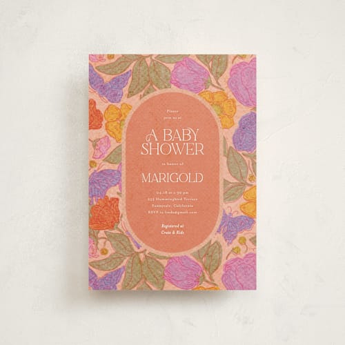 This is a peach baby shower postcards with standard by Simona Camp called vintage garden printing on signature in postcard