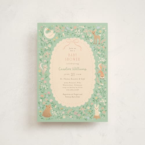 This is a mint baby shower postcards with standard by Jennifer Wick called garden animals printing on signature in postcard