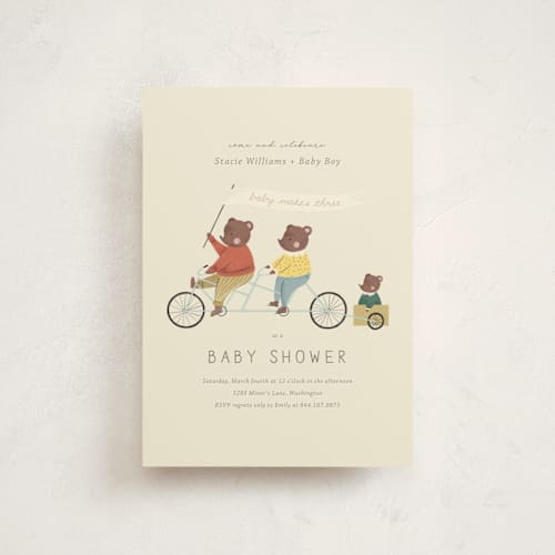 This is a cream baby shower postcards with standard by Kiersten Garner called baby makes three printing on signature in postcard