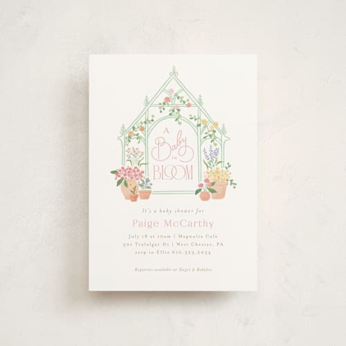 This is a strawberry baby shower postcards with standard by Jennifer Wick called petite greenhouse printing on signature in postcard