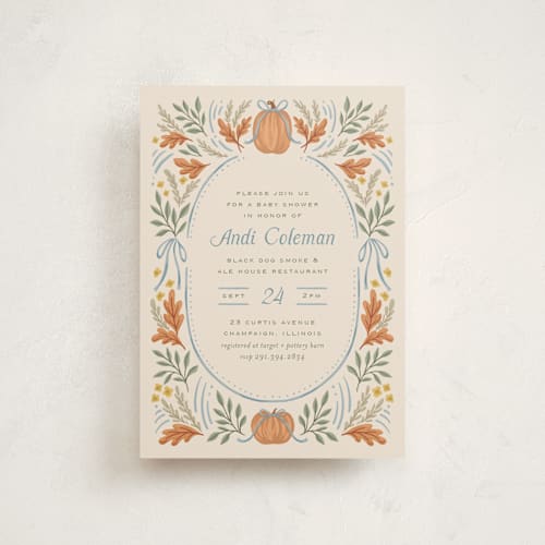 This is a cornflower baby shower postcards with standard by Laura Hankins called pumpkins + bows printing on signature in postcard