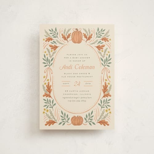 This is a tearose baby shower postcards with standard by Laura Hankins called pumpkins + bows printing on signature in postcard