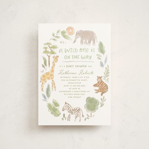 This is a jungle baby shower postcards with standard by Creo Study called a wild one printing on signature in postcard