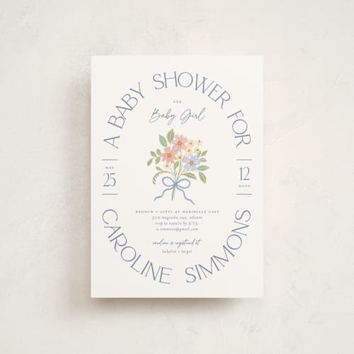 This is a periwinkle baby shower postcards with standard by Paper Raven Co. called bitty bouquet printing on signature in postcard