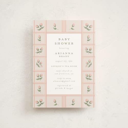 This is a blush baby shower postcards with standard by Jennifer Holbrook called rose quilt printing on signature in postcard