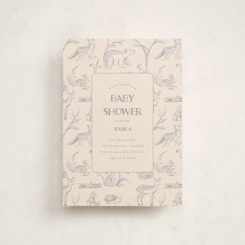 This is a bamboo baby shower postcards with standard by Teju Reval called forest toile printing on signature in postcard