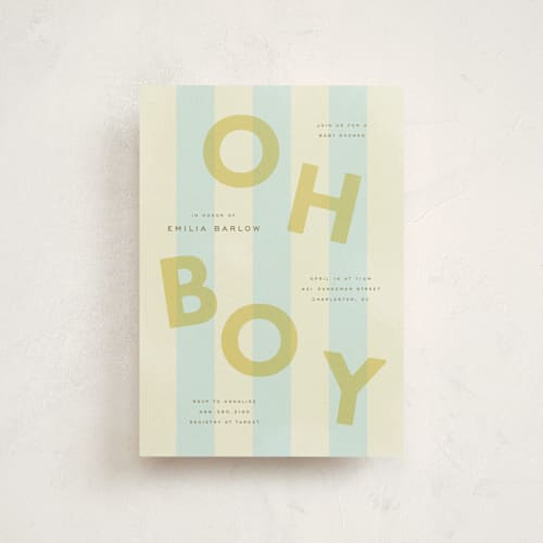 This is a baby blue baby shower postcards with standard by Ellen Schlegelmilch called oh boy printing on signature in postcard