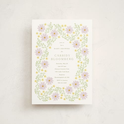 This is a daisy baby shower postcards with standard by Baumbirdy called blooming baby frame printing on signature in postcard
