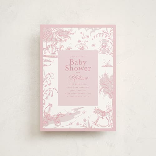 This is a blush baby shower postcards with standard by Teju Reval called baby toile printing on signature in postcard