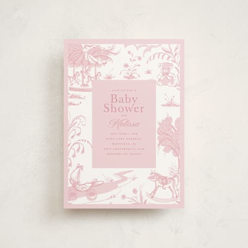 This is a blush baby shower postcards with standard by Teju Reval called baby toile printing on signature in postcard