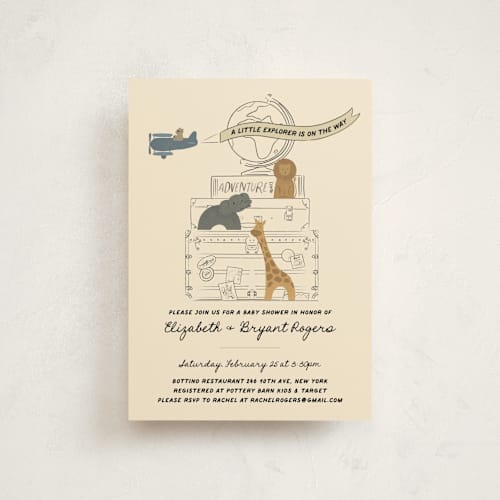 This is a butter baby shower postcards with standard by Jenna Holcomb called little explorer printing on signature in postcard