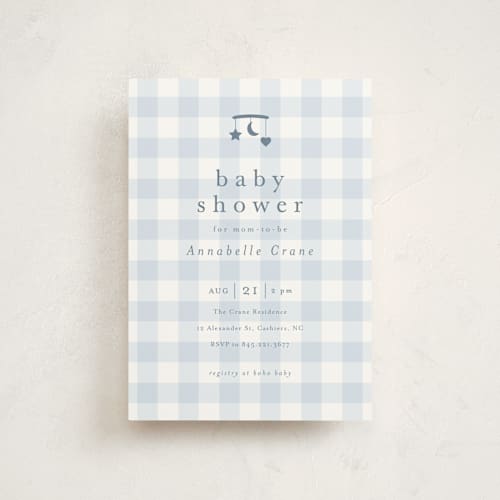 This is a baby blue baby shower postcards with standard by Stacey Meacham called gingham mobile printing on signature in postcard