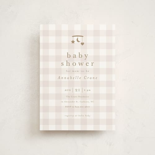 This is a taupe baby shower postcards with standard by Stacey Meacham called gingham mobile printing on signature in postcard