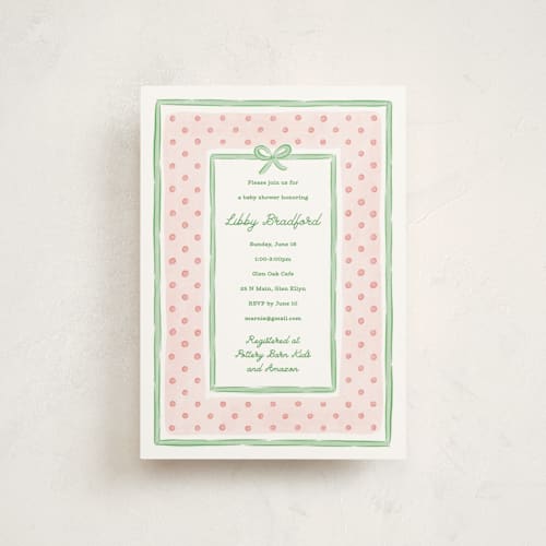 This is a strawberry baby shower postcards with standard by Erin German called polka dot frame printing on signature in postcard
