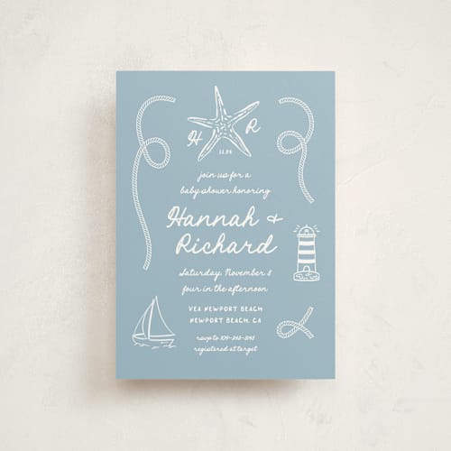 This is a powder blue baby shower postcards with standard by Claudia Orengo called nautical celebration printing on signature in postcard