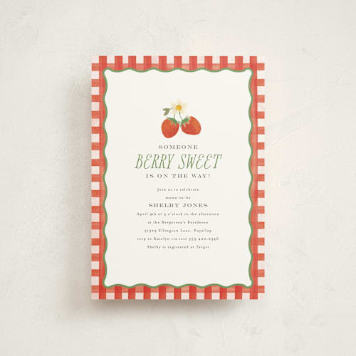 This is a strawberry baby shower postcards with standard by Itsy Belle Studio called so berry sweet printing on signature in postcard