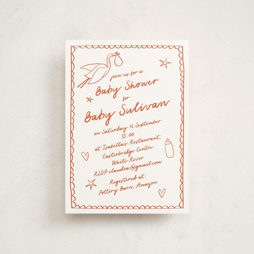 This is a tangerine baby shower postcards with standard by Zani van Zyl called stork party printing on signature in postcard