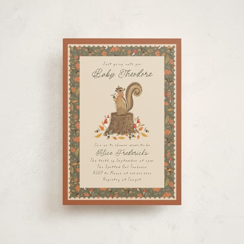 This is a pumpkin baby shower postcards with standard by Jackie Crawford called nuts for baby printing on signature in postcard