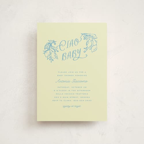 This is a lemonade baby shower postcards with standard by Pati Cascino called ciao baby printing on signature in postcard