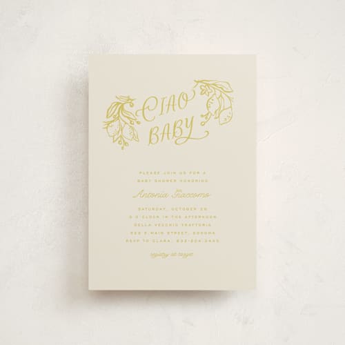 This is a limoncello baby shower postcards with standard by Pati Cascino called ciao baby printing on signature in postcard