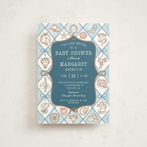 This is a denim baby shower postcards with standard by Paper Sun Studio called cowboy baby printing on signature in postcard