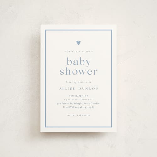 This is a provincial blue baby shower postcards with standard by Stacey Meacham called heartbeat printing on signature in postcard