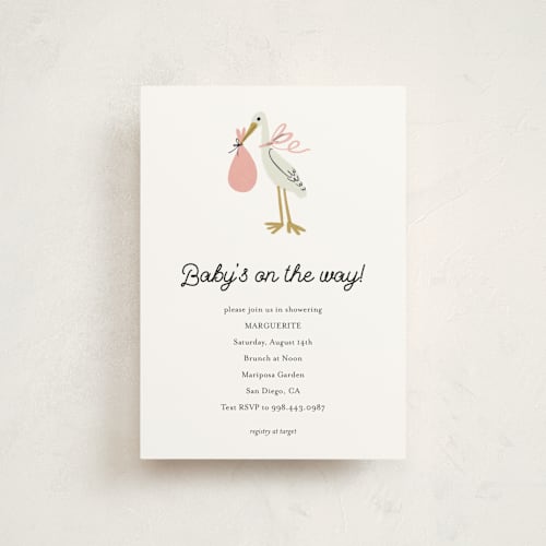 This is a blush baby shower postcards with standard by Ani Somi called little stork printing on signature in postcard