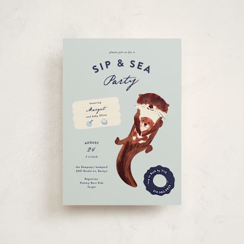 This is a sea baby shower postcards with standard by Gwen Bedat called sip & sea printing on signature in postcard