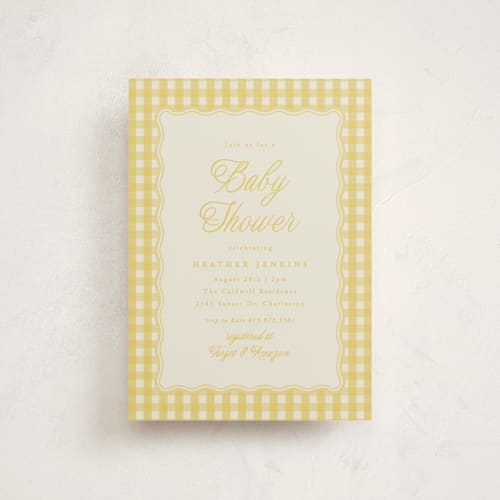 This is a lemonade baby shower postcards with standard by Brianne Larsen called scalloped gingham printing on signature in postcard