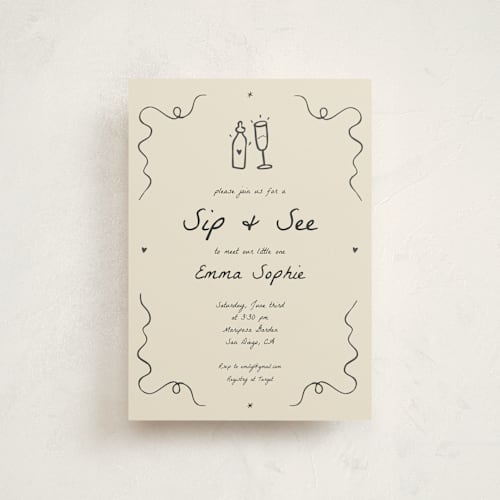 This is a ivory baby shower postcards with standard by Stephanie Heinrich Godbout called doodle sip and see printing on signature in postcard