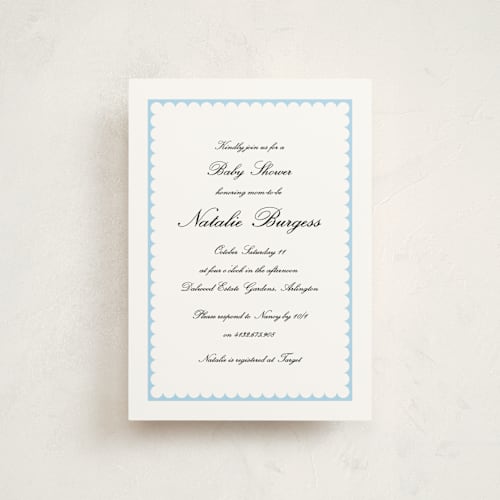 This is a sky baby shower postcards with standard by Catherine Culvenor called sweetly scalloped printing on signature in postcard