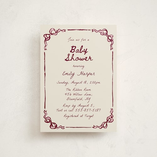 This is a rosewood baby shower postcards with standard by Cass Loh called bow corners printing on signature in postcard