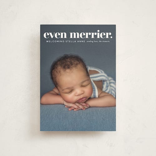 This is a snow babys first christmas with standard by Lori Wemple called even merrier. printing on signature in postcard